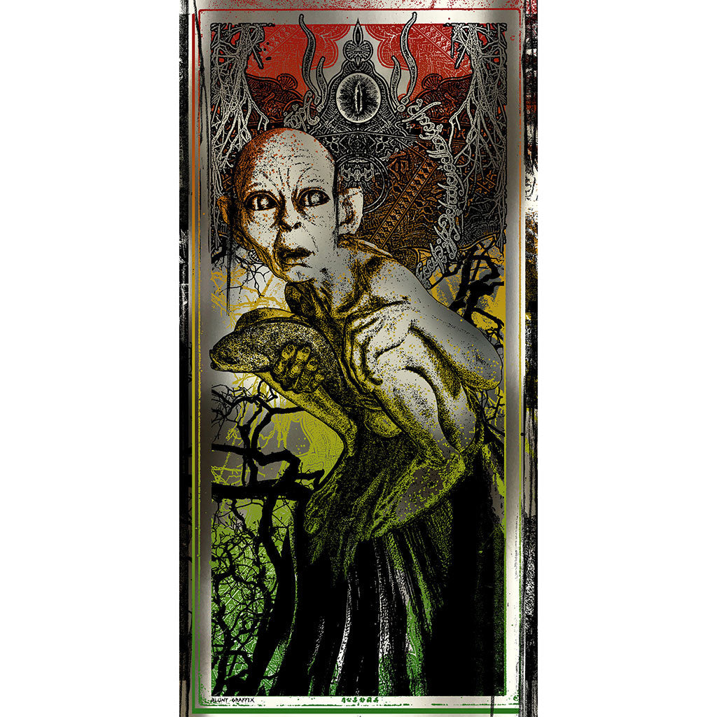 A surreal archival pigment print by Matt Dye depicts a Sméagol-like figure clutching a fish amid tangled trees and ornate red and orange patterns, with an eye symbol hovering above the character.