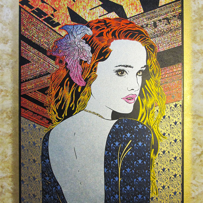 Chuck Sperrys stylized poster features a woman with long hair in a blue patterned dress and a large flower, gazing over her shoulder. The intricately designed background highlights Oracle Arena Oakland, California, known for events like The Black Keys concerts.