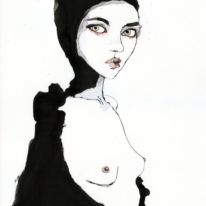 This piece features an artistic illustration of a person with striking, wide eyes and a somber expression, echoing Conrad Rosets style. The dark, abstract headpiece partially reveals the torso in this minimalistic work, using watercolor and India ink techniques for sharp contrasts.