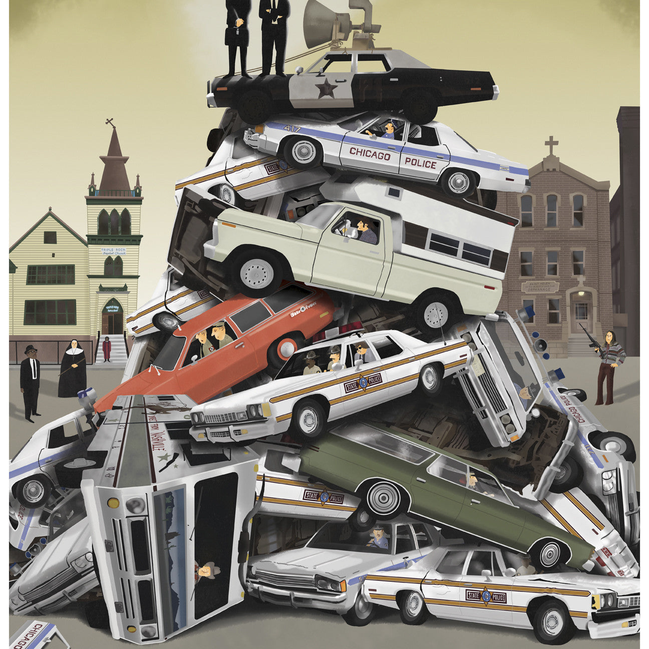 Max Daltons fine art giclee print features a pyramid of crashed police cars with two men on top against a city street backdrop. The text, The Blues Brothers: On a Mission from God, captures chaos, humor, and soul—No Maam Were Musicians.