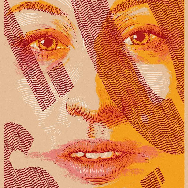 This limited edition art print by Bartosz Kosowski features an abstract illustration of a womans face in warm red and orange tones, accentuated by bold overlapping letters, with intricate line work creating a visually striking and layered composition.