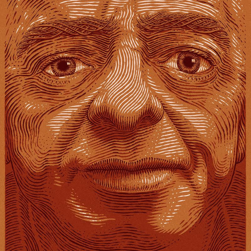 Bartosz Kosowskis artwork features an illustrated portrait of an older man with textured lines, reminiscent of a screenprint. Earthy brown tones and geometric patterns on shimmering metallic paper highlight facial features with light and shadow effects.