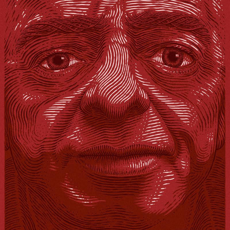 A stylized face illustration by Bartosz Kosowski, using textured lines and shades of red, reminiscent of a screenprint. The 3-color image emphasizes depth and contours with intricate linework showcasing facial features against a rich red backdrop.