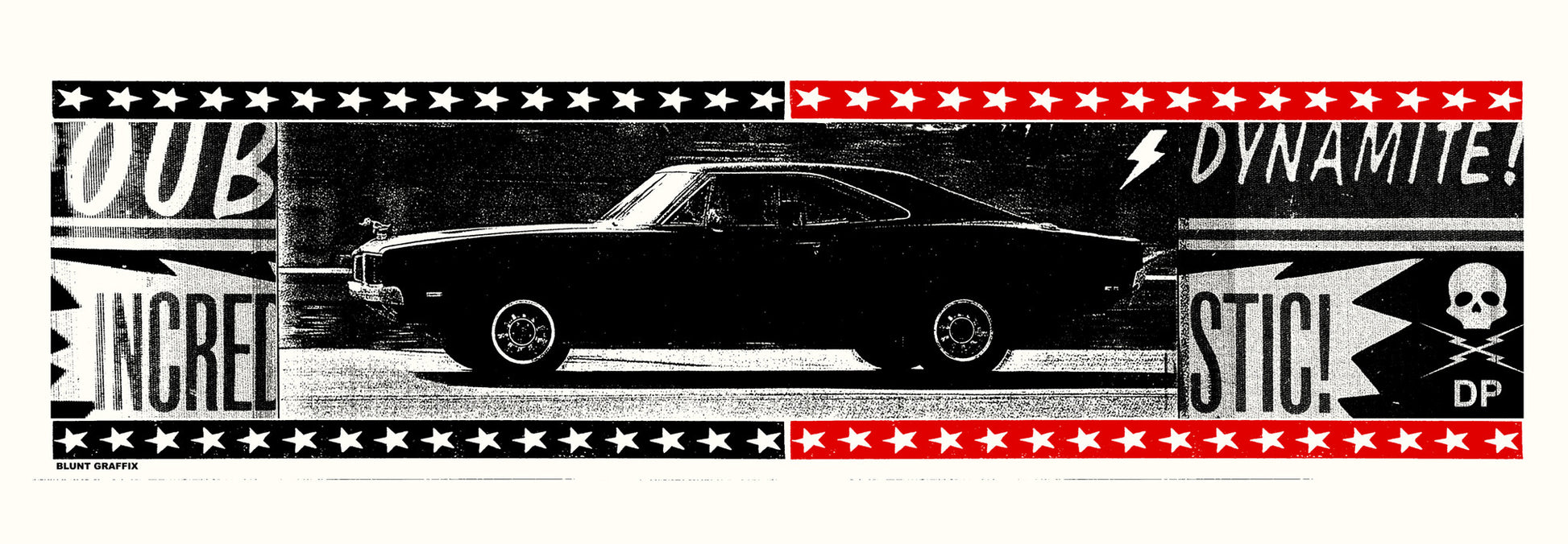 A vintage car enhances a retro poster with bold text and decorative borders, crafted using Matt Dyes hand-pulled screenprint technique. Dynamite! and Incredible! stand out beside star patterns and a skull, creating a vibrant, dynamic theme with Thunder Bolt energy.