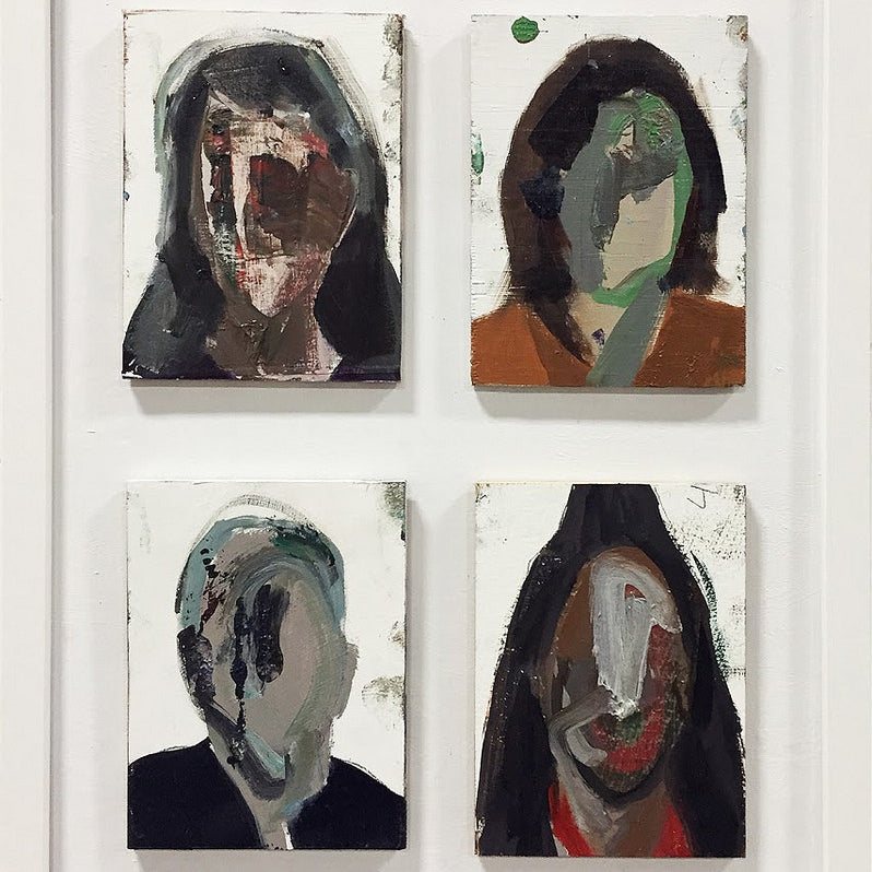 A white-framed collection of four abstract portraits by Brett Amory showcases his signature oil on wood style: dark, muted tones in the top left image; green and brown shades in the top right; and contrasting dark colors in the bottom two images.