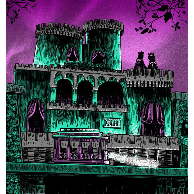A spooky castle illustration, featuring green and purple hues inspired by Tim Doyle’s style, showcases turrets, arched windows, and ornate details against a vibrant purple sky. Silhouetted branches frame the scene, enhancing its eerie vibe. Custom framing options are available.