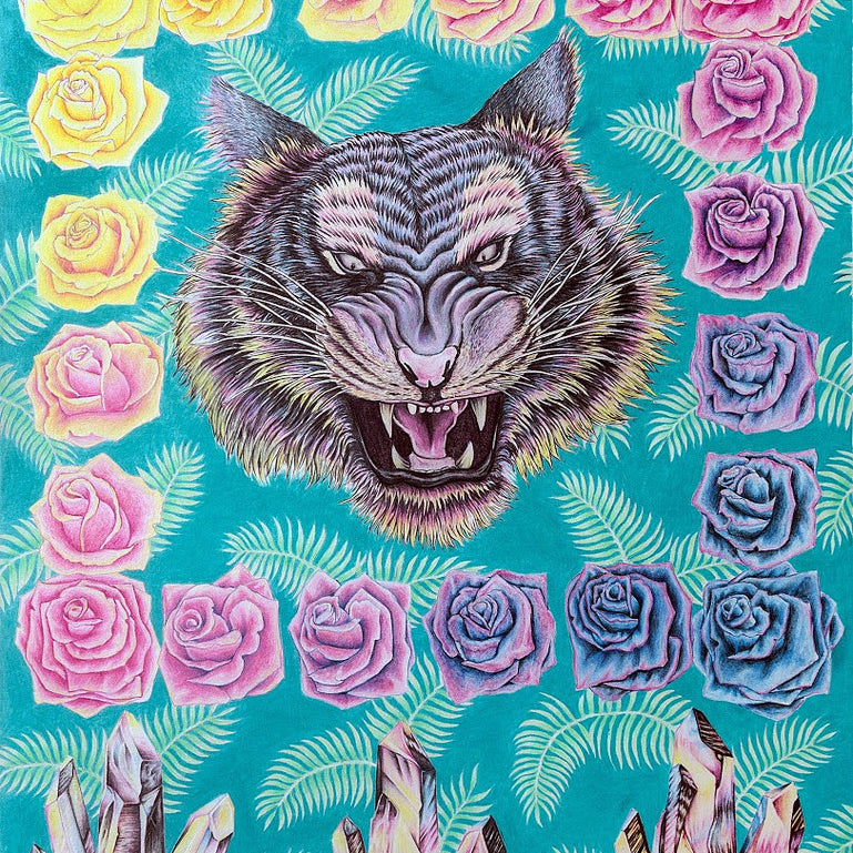 A tigers head, drawn with colored pencils on paper by Cahill Wessel, is surrounded by yellow, pink, purple, and blue roses and vibrant fern leaves. Crystal clusters embellish the bottom against a teal background.
