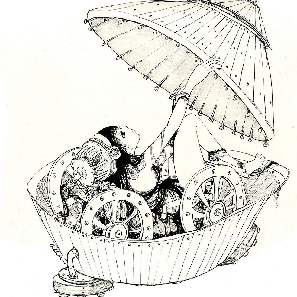 The Tank by Camilla dErrico is a black and white illustration showing a woman with long hair reclining in a mechanical, shell-like structure adorned with exposed gears and wheels, partly covered by an ornate umbrella.