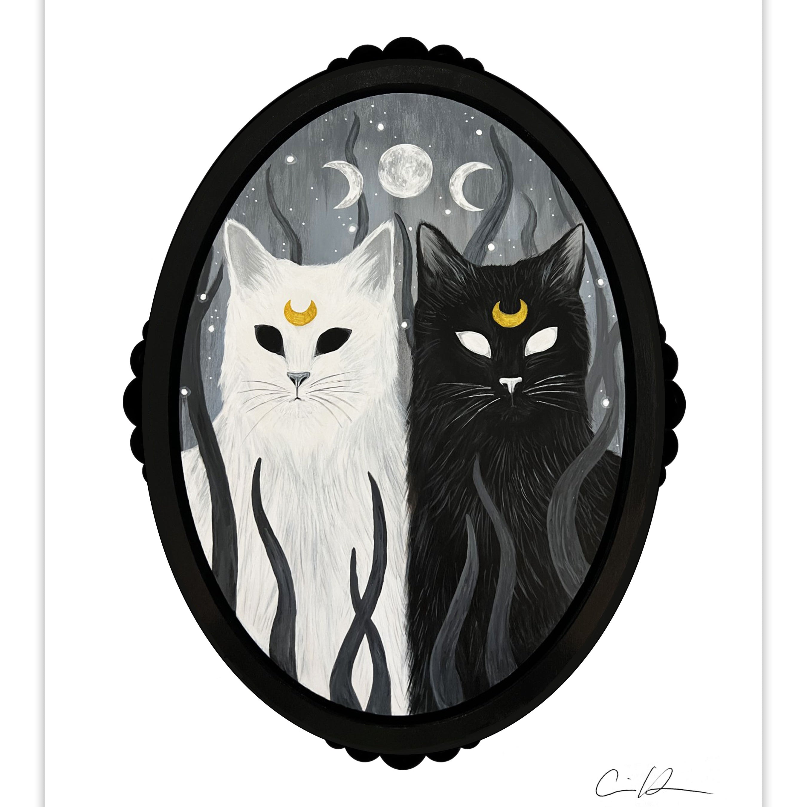 Carrie Anne Hudson- "Fighting Evil By Moonlight" Print - white cat and black cat with Sailor Moon crescent on forehead