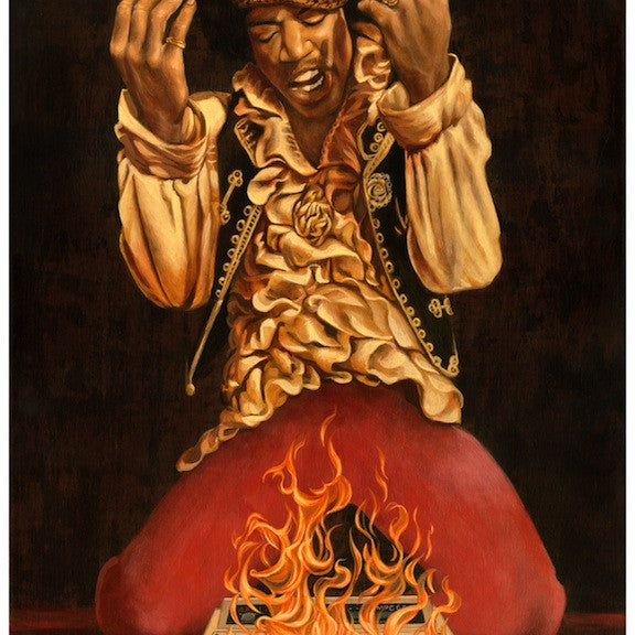 In an intense scene, a musician kneels with a flaming guitar, their ruffled shirt and headband adding flair. This energetic moment is captured in a vivid fine art giclee print by Casey Weldon for Spoke Art.