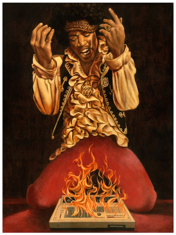 In an intense scene, a musician kneels with a flaming guitar, their ruffled shirt and headband adding flair. This energetic moment is captured in a vivid fine art giclee print by Casey Weldon for Spoke Art.