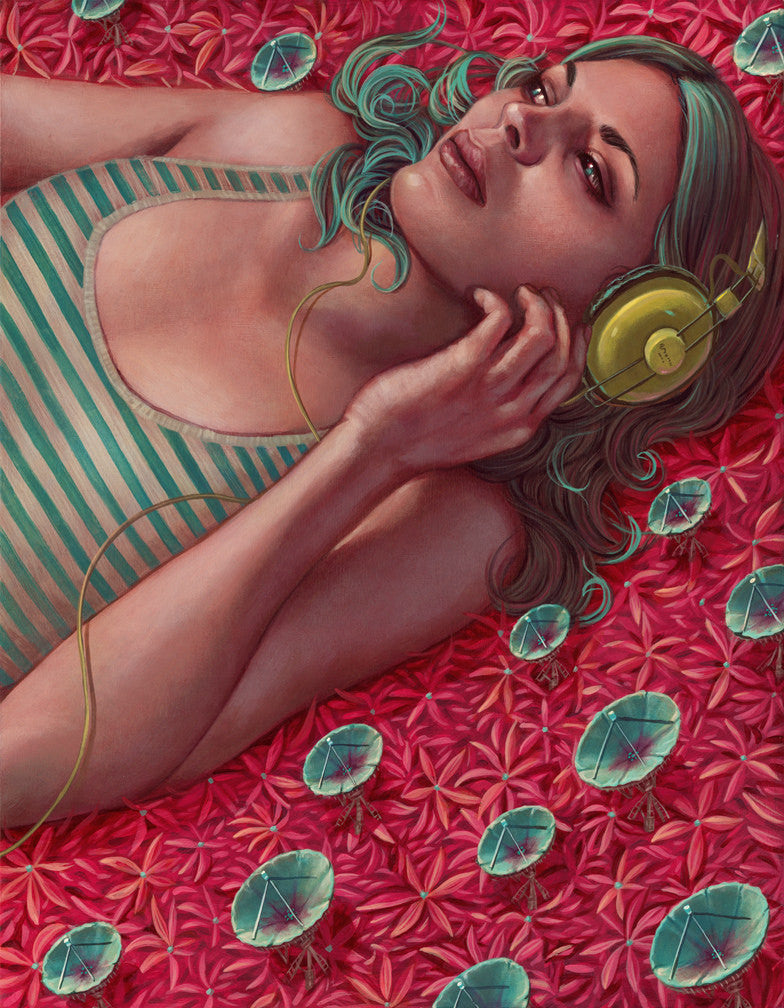 A woman with teal hair and yellow headphones, in Casey Weldons distinct style, lies on a red floral-patterned surface. She spaces out as green satellite dish-like objects float around her. She wears a green and white striped tank top.