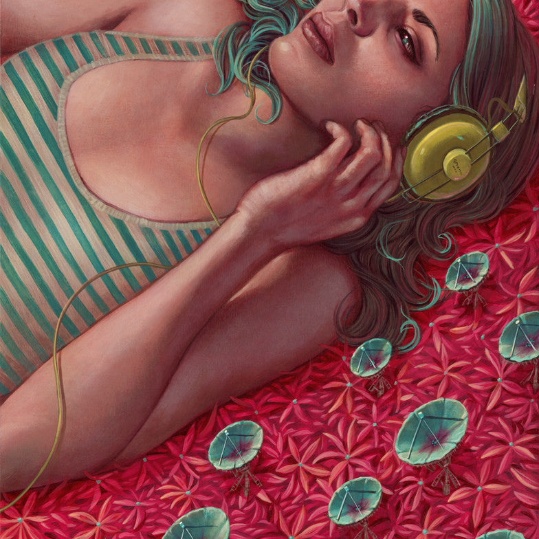 A woman with teal hair and yellow headphones, in Casey Weldons distinct style, lies on a red floral-patterned surface. She spaces out as green satellite dish-like objects float around her. She wears a green and white striped tank top.