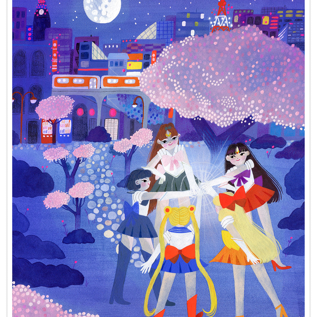 Chelsea O'Byrne Secret Senshi artwork featuring characters from Sailor Moon standing in a circle hold each other's wrists