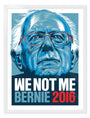 This Christopher Cox screenprint is an illustrated poster in blue tones of an older man with white hair and glasses, featuring the bold text WE NOT ME in white and BERNIE 2016 in blue and red, capturing the political essence of Bernie Sanders campaign.