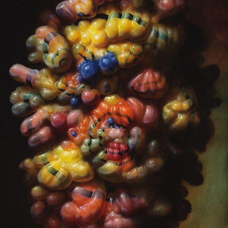 An abstract painting by Christian Rex Van Minnen features a cluster of colorful, bulbous forms resembling gummy candies. The work primarily uses yellow, red, and orange with green and blue accents to contrast dramatically against the dark background in this oil on panel masterpiece.