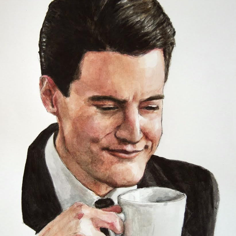Christine Hostetlers watercolor features a dark-haired person in a suit, smiling warmly while holding a cup of coffee. Realistic details capture their content expression as they gaze fondly at the mug, making this artwork truly captivating and available for sale.