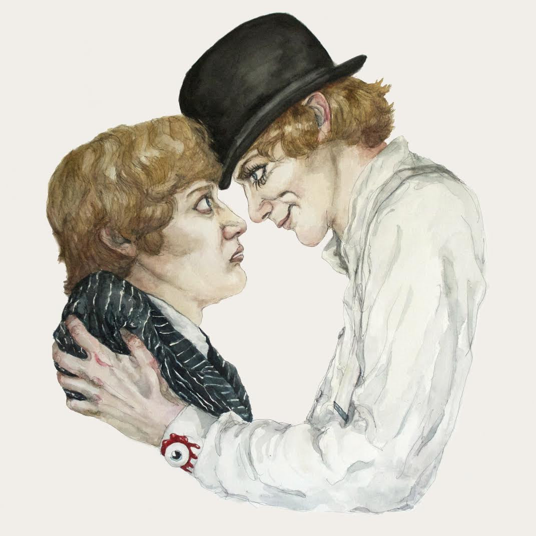 Two individuals with similar hairstyles engage in a close encounter, reminiscent of an Alex vs. Alex showdown. One wears a striped jacket, the other sports a white shirt and bowler hat, holding the others shoulders. This intense moment is beautifully captured in Christine Hostetlers custom framed artwork.