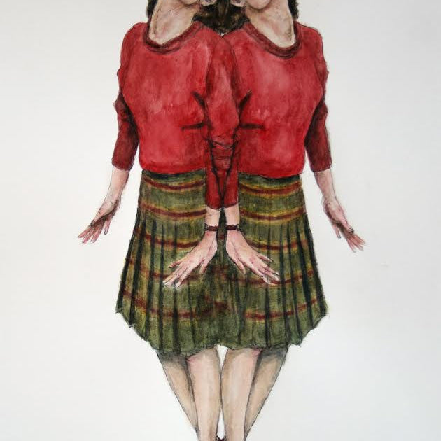 A watercolor painting by Christine Hostetler features a symmetrically mirrored woman in a red top, green plaid skirt, and red shoes, her head tilted back with hands at her sides, capturing whimsical elegance akin to those celebrated at Spoke Art Gallery.