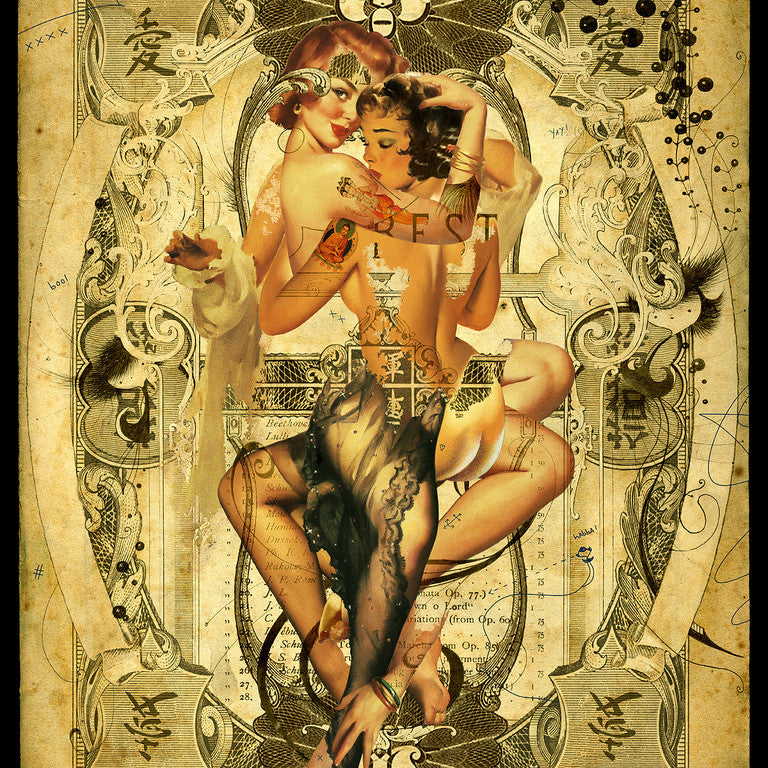 A vintage-style illustration by Handiedan features entwined figures among ornate patterns and symbols. The intricate background, reflecting archival fine art giclee quality, displays floral motifs and abstract designs, creating a limited edition visual masterpiece.