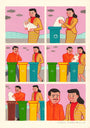 A comic strip by Joan Cornellà features a woman putting a happy baby in a recycling bin. A man is startled, then laughs and gives her a thumbs-up. Their smiles finish the vibrant scene, echoing the style of limited edition fine art giclee prints.