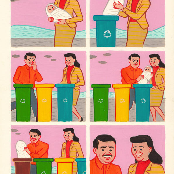 A comic strip by Joan Cornellà features a woman putting a happy baby in a recycling bin. A man is startled, then laughs and gives her a thumbs-up. Their smiles finish the vibrant scene, echoing the style of limited edition fine art giclee prints.