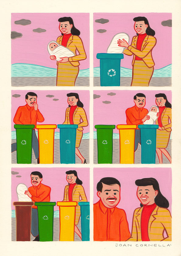 A comic strip by Joan Cornellà features a woman putting a happy baby in a recycling bin. A man is startled, then laughs and gives her a thumbs-up. Their smiles finish the vibrant scene, echoing the style of limited edition fine art giclee prints.
