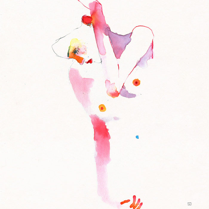 Muse 641 by Conrad Roset features an abstract watercolor of a person with an outstretched arm and tilted head, using vibrant pink, red, and yellow on a white background to convey emotional depth.