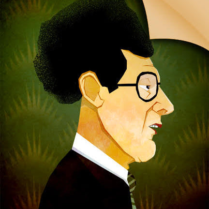 Profile illustration of a man with dark, curly hair and glasses in a suit and tie by Craig Church. The green backdrop showcases abstract patterns like Quentin vs Coens originals. It has a stylized, geometric look akin to fine art giclee prints.