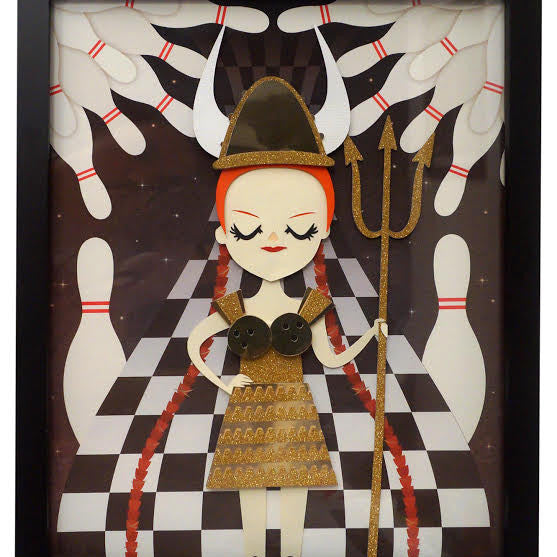 A stylized Viking with a horned helmet, red braids, and trident stands serenely on a black and white checkered path with bowling pins, embodying the whimsical charm of Crowded Teeth. The figure wears a gold outfit reminiscent of a Giclée Print collection.