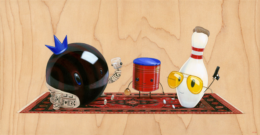 An 8-ball with a blue crown, a red dice with limbs, and a bowling pin in yellow sunglasses play a game on a patterned rug—a whimsical scene inspired by Cuddly Rigor Mortis, reminiscent of Quentin vs Coen.