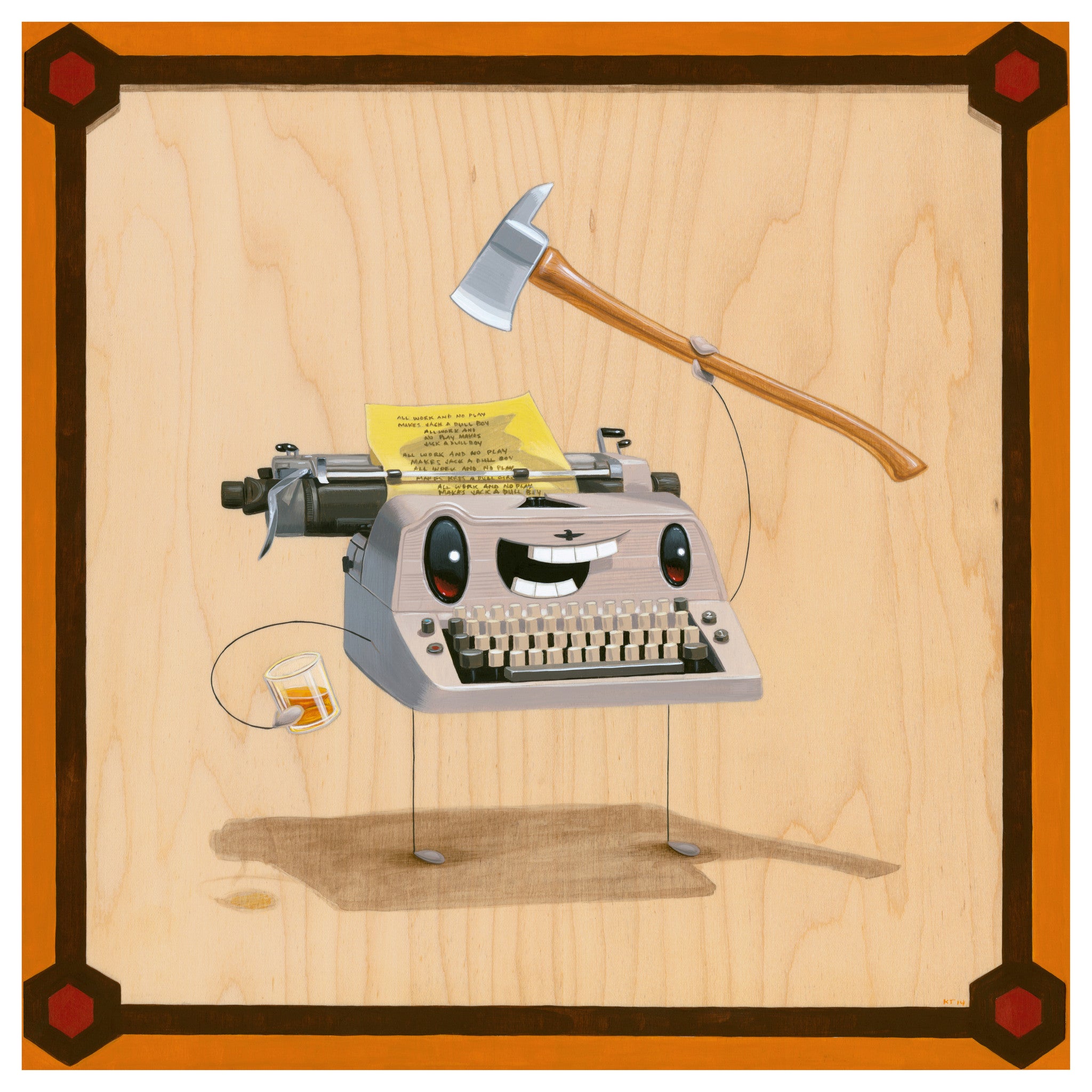 This limited edition fine art giclee from Cuddly Rigor Mortis features a whimsical, cartoon-style typewriter with a happy face, holding an axe and drink on thin legs. A sheet of text adds charm, all framed with a wooden border.