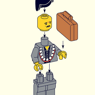 Art edition by Matt Chase: a disassembled LEGO figure in a suit, featuring arrows for assembly. Includes parts like a hairpiece, sad face head, beaded necklace torso, and one hand holding a suitcase.