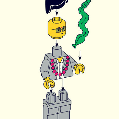 This limited edition archival pigment print by Matt Chase features a LEGO man illustration with labeled parts: hairpiece, head with glasses and mustache, decorated torso with pink necklace, and a green wavy piece. Arrows guide the assembly of this unique artwork.