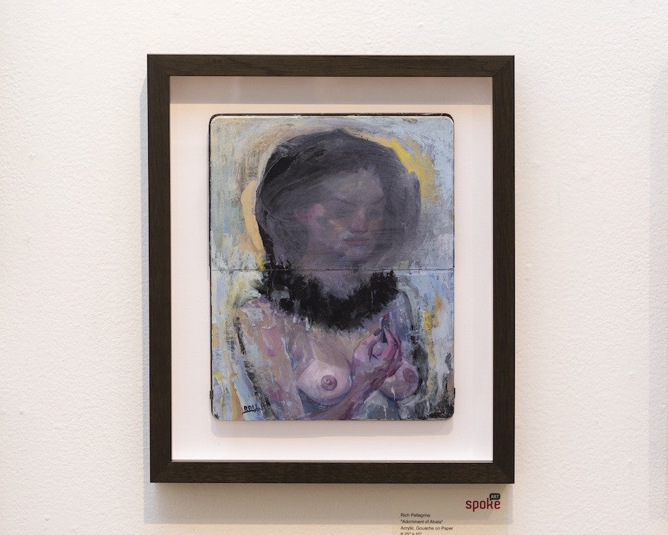 This Acrylic Gouache Painting by Rich Pellegrino portrays a person with a blurred face, long hair, and an object against a muted background. The harmonious colors of the Adornment of Atrata blend seamlessly throughout the composition.