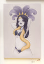 Anarkittys illustration features a woman with long dark hair, wearing a feathered headpiece and two-piece outfit. A yellow snake elegantly drapes around her neck, highlighted by the artists signature style. Set against a minimal backdrop, this captivating piece evokes the vividness of acrylic on canvas.