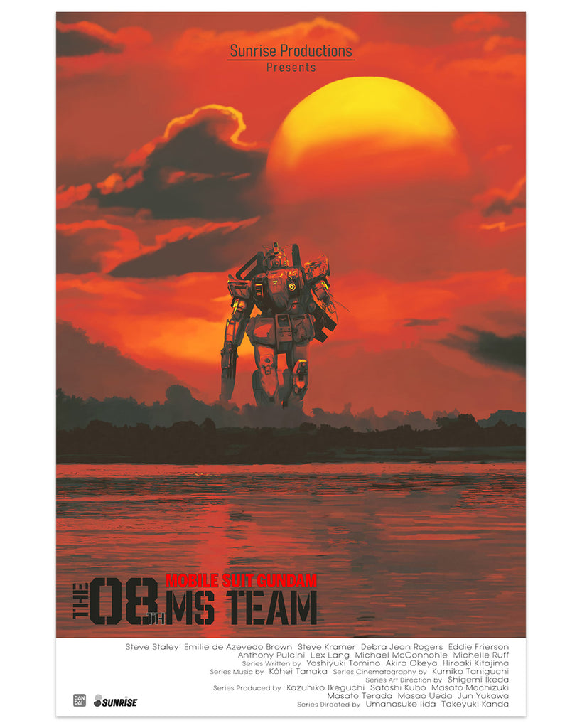 Dakota Randall - "Mobile Suit Gundam: The 08th MS Team" Print with Gundam walking through water toward sunset of reds and oranges