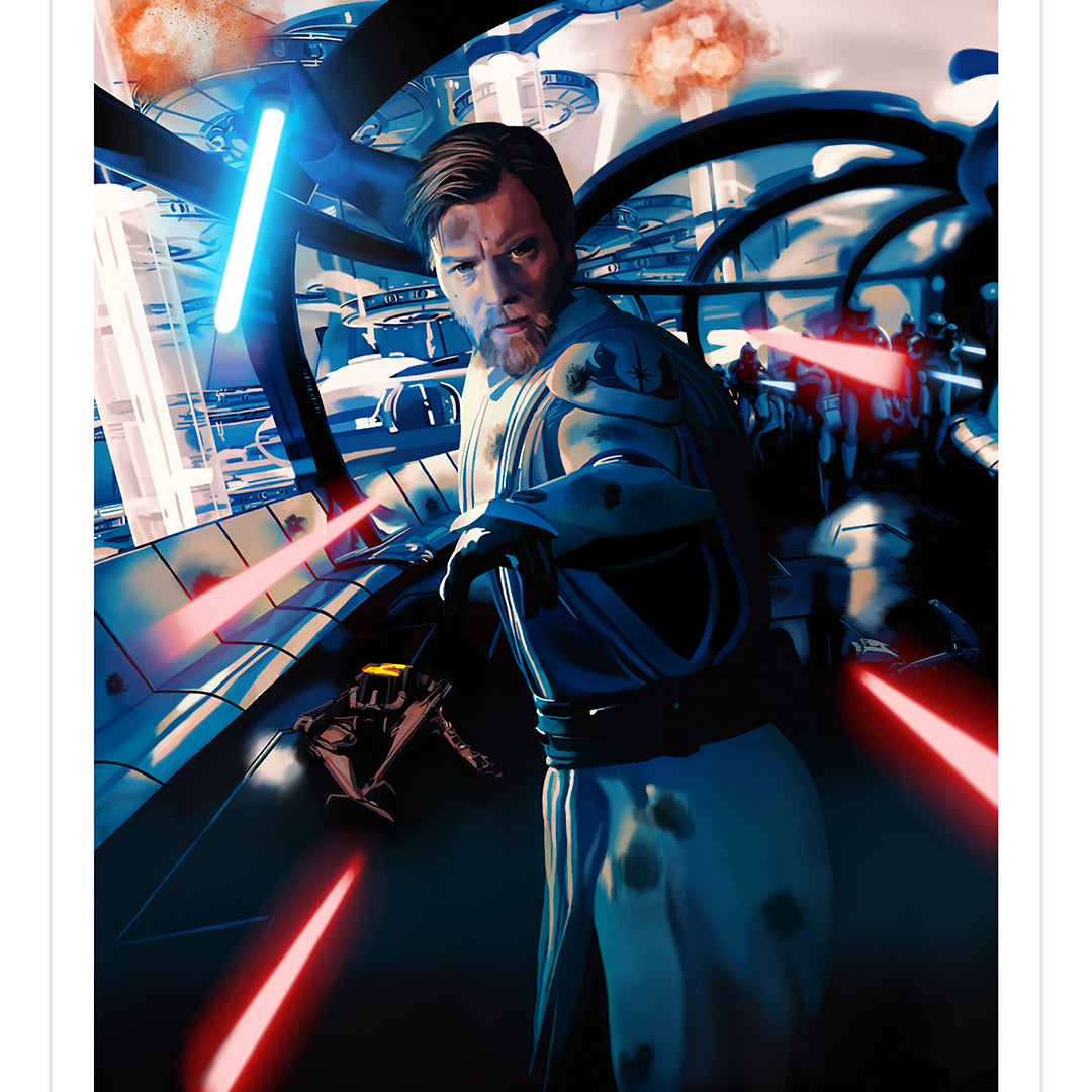 Dakota Randall - Obi-Wan holding blue lightsaber while being shot at by stormtroopers