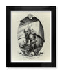 A black and white David Moscati illustration depicts The Cave Troll holding a chain over skulls, with scars and an arrow in its shoulder. An oval frame, flying bat, and draped banner add to the ominous scene reminiscent of the Lord of the Thrones exhibitions Archival pigment print series.