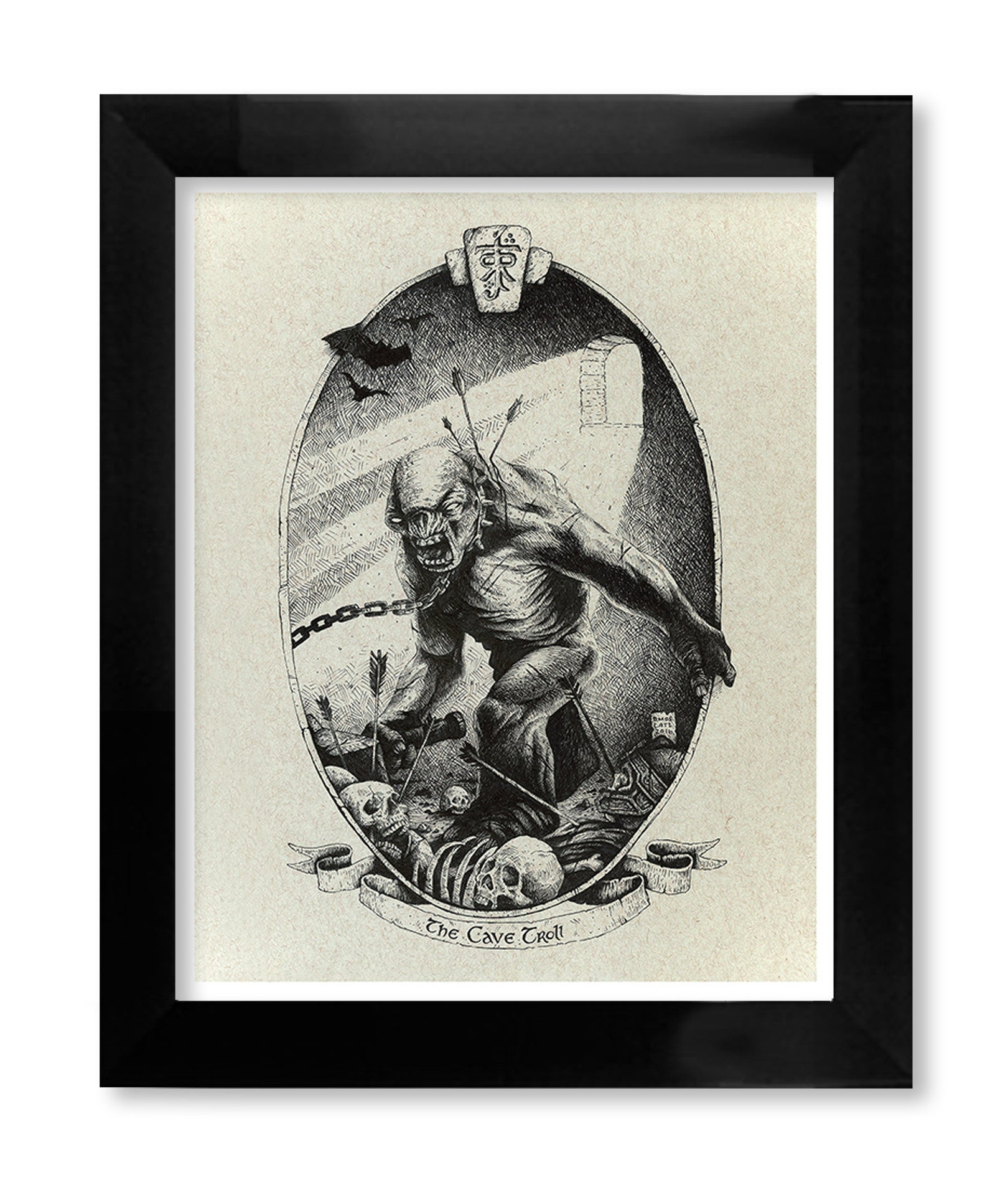 A black and white David Moscati illustration depicts The Cave Troll holding a chain over skulls, with scars and an arrow in its shoulder. An oval frame, flying bat, and draped banner add to the ominous scene reminiscent of the Lord of the Thrones exhibitions Archival pigment print series.