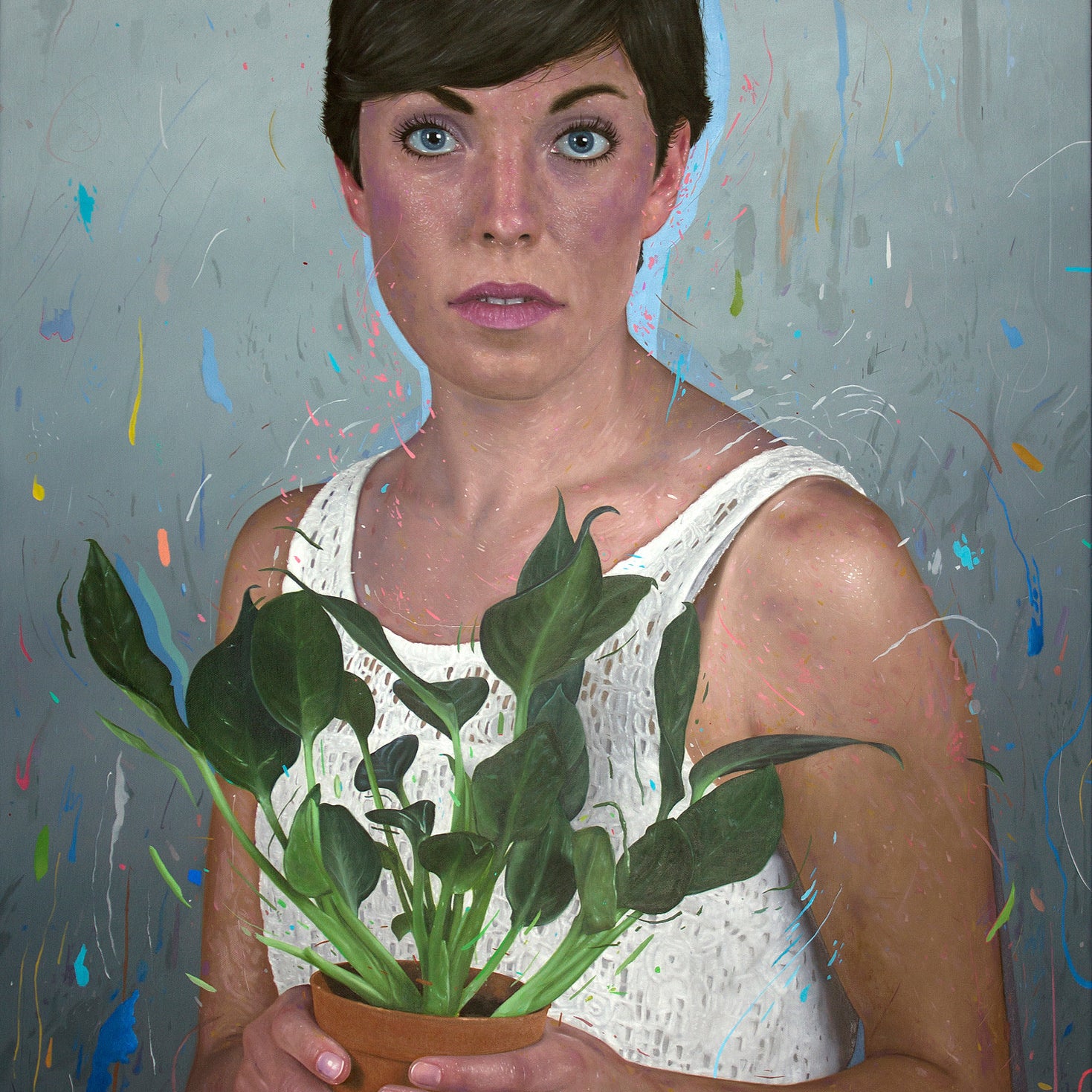 A woman with short dark hair in a white dress cradles a potted plant against an abstract backdrop of colorful splatters. This oil on canvas by David Slone beautifully captures her thoughtful expression, making it a captivating artwork available for sale.