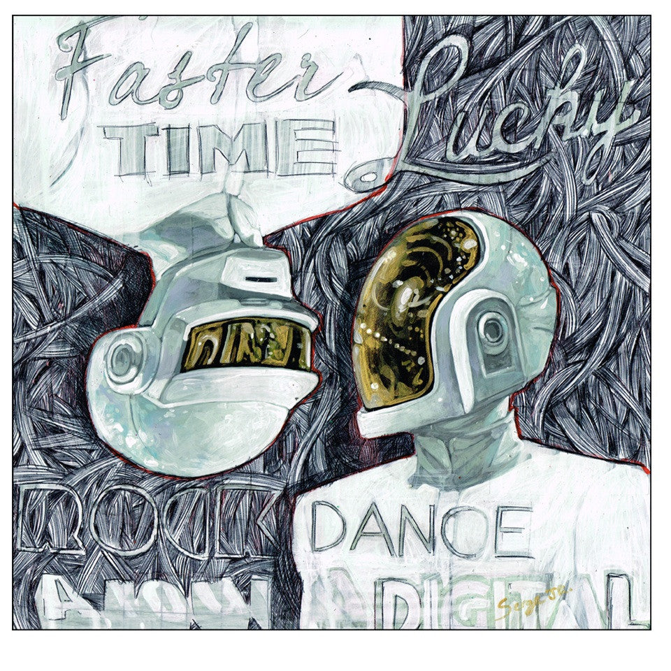 Two figures wearing futuristic helmets with reflective visors face each other against a textured backdrop, echoing Daft Punks style. Phrases like Faster Time and Lucky are woven around them, influenced by Serge Gay Jr.s vibrant artistry.