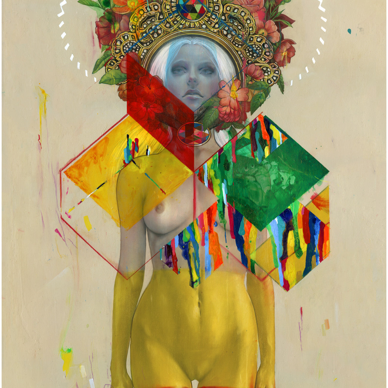 Erik Jones presents a surreal artwork of a woman with yellow body paint adorned with colorful geometric shapes, flowers, and an intricate halo-like design. This limited edition giclee print uses archival Epson HDR inks for vivid detail and depth.