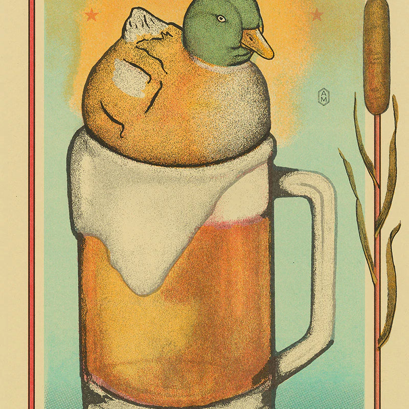 duck floating on a pint of beer with text "He liked to try new things"