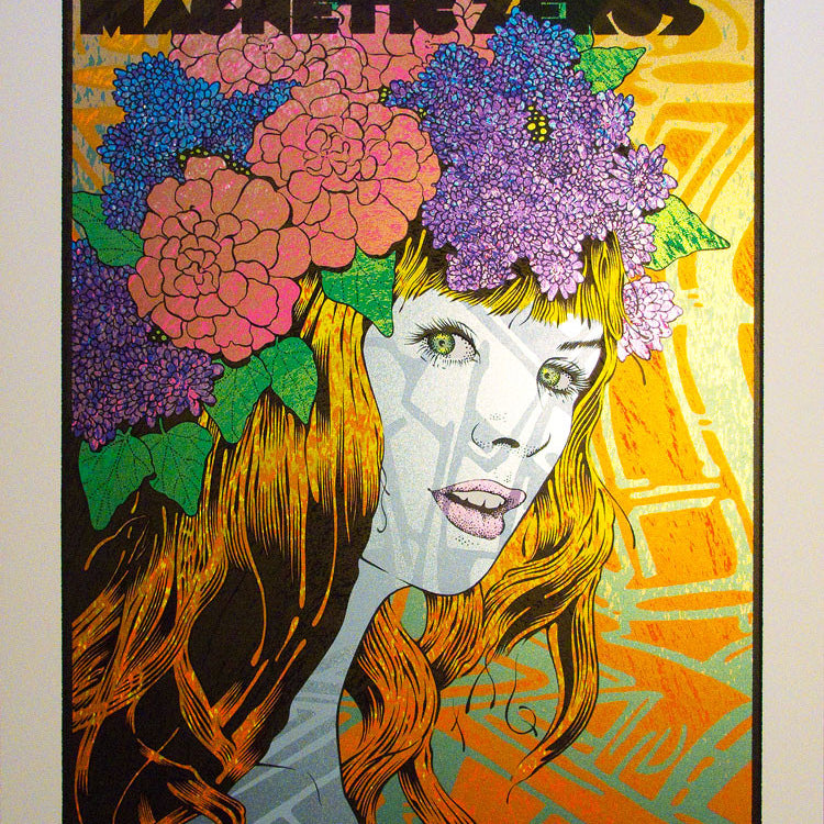 Chuck Sperrys vibrant, colorful concert poster for Edward Sharpe and the Magnetic Zeros features an illustrated woman with flowers in her hair and psychedelic typography. The event was at the Greek Theatre Berkeley on Friday, September 7, 2012.