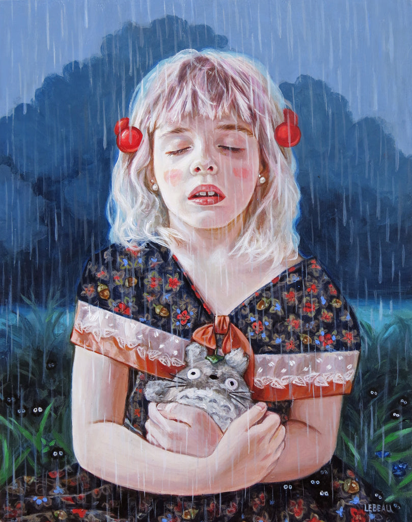 Edith Lebeau - "My Neighbor Totoro" painting of young girl sitting in the rain holding a Totoro stuffed animal