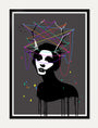 An artistic Eelus illustration features a silhouetted figure with antlers and a multi-colored web against a dark backdrop. This hand-pulled screen print includes abstract color splashes for a surreal, modern look. The piece is signed and numbered for authenticity.