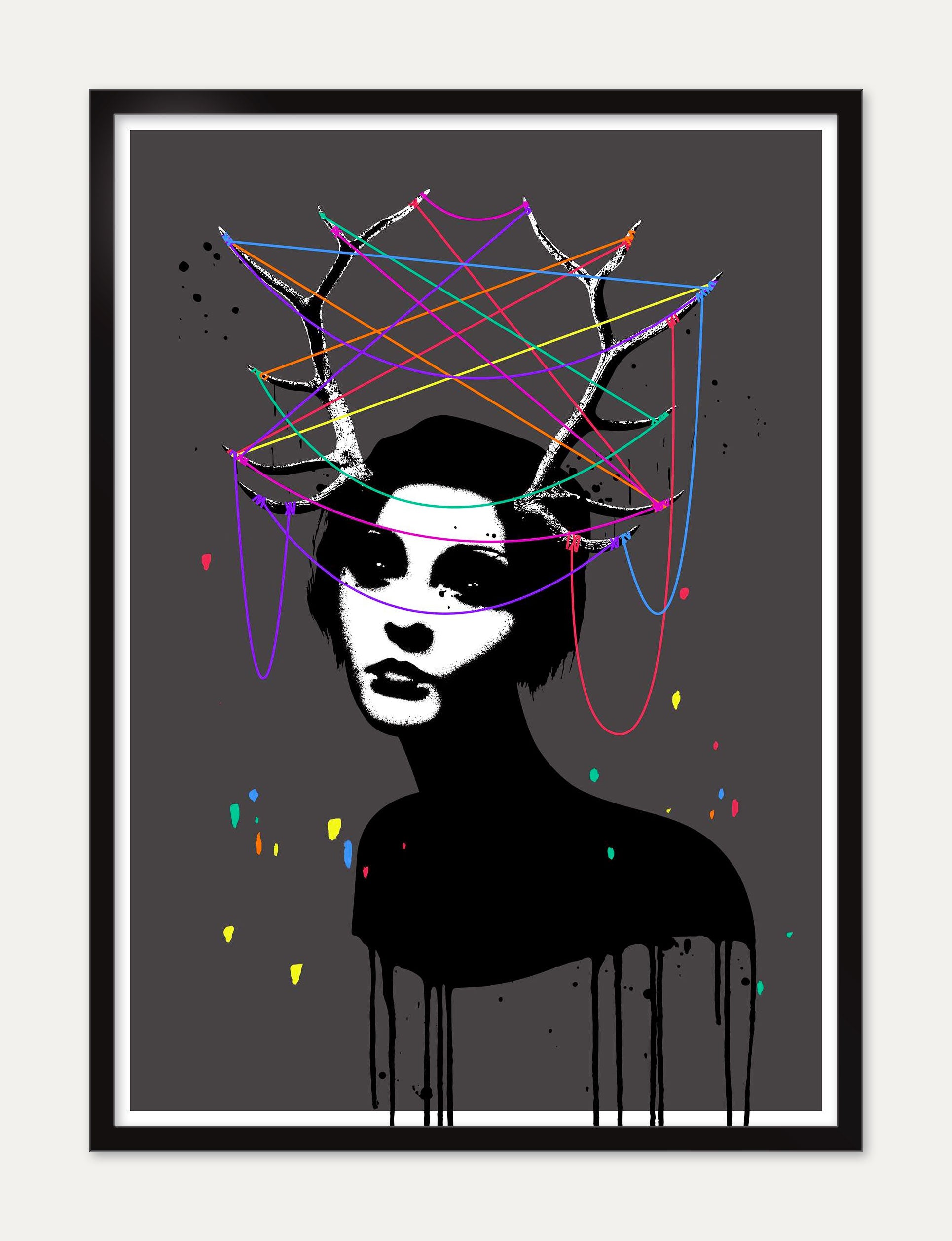 An artistic Eelus illustration features a silhouetted figure with antlers and a multi-colored web against a dark backdrop. This hand-pulled screen print includes abstract color splashes for a surreal, modern look. The piece is signed and numbered for authenticity.