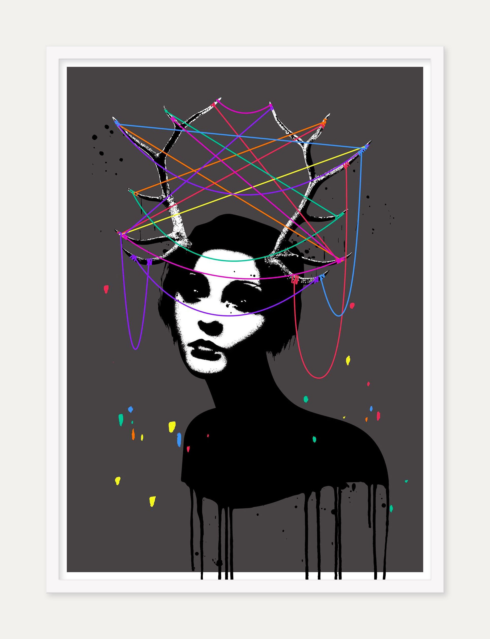 The artwork resembles Eeluss style, featuring a silhouette with a dripping paint effect. Its a signed and numbered hand-pulled screen print with colorful threads forming a web over antler-like structures against a dark background splashed with vibrant hues.