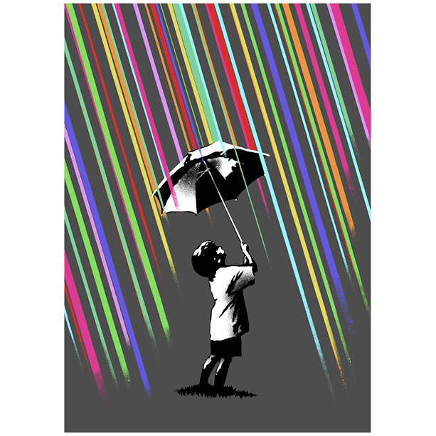 An Eelus 3D Lenticular print depicts a child with a black umbrella under vibrant, multicolored lines on a dark background. The childs upward gaze is seemingly shielded from the colorful rain. Custom framing heightens its striking appeal.